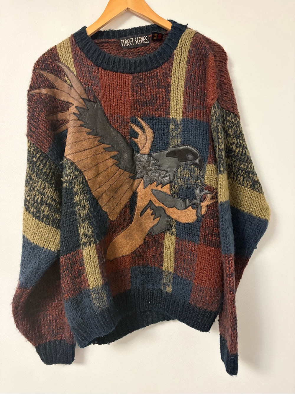 Vintage Street Scenes Size Med Oversized Sweater with Leather 90’sEagle Appliqué